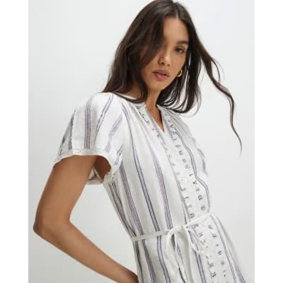 Cream Short Sleeve Striped Mini Dress