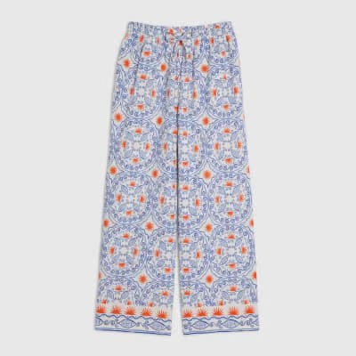 Petite Blue Printed Linen Blend Trousers