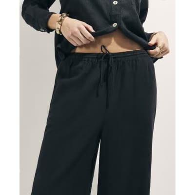 Black Linen Blend Wide Leg Trousers