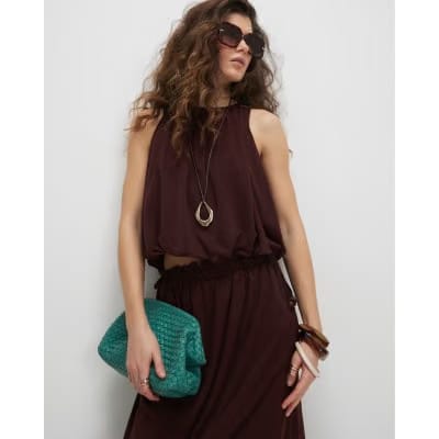 Brown Chiffon Bubble Hem Racer Top