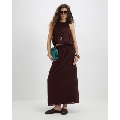 Brown Chiffon Bubble Hem Racer Top