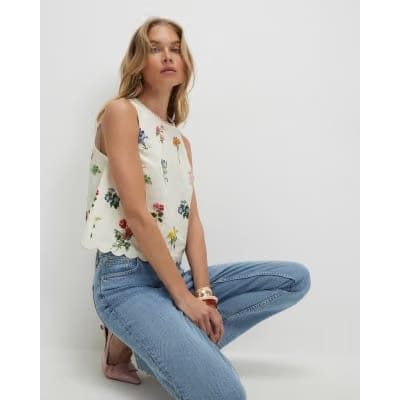 Cream Linen Blend Floral Print Tank Top