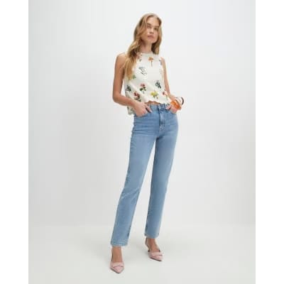 Cream Linen Blend Floral Print Tank Top