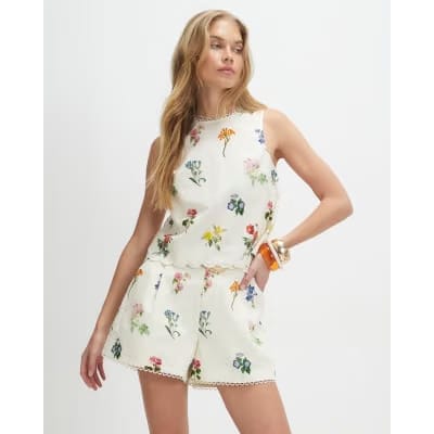 Cream Linen Blend Floral Print Tank Top