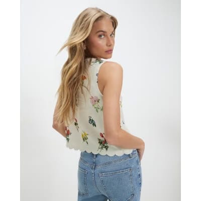 Cream Linen Blend Floral Print Tank Top