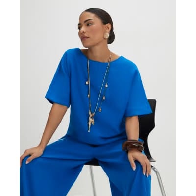 Petite Blue Linen Blend Top