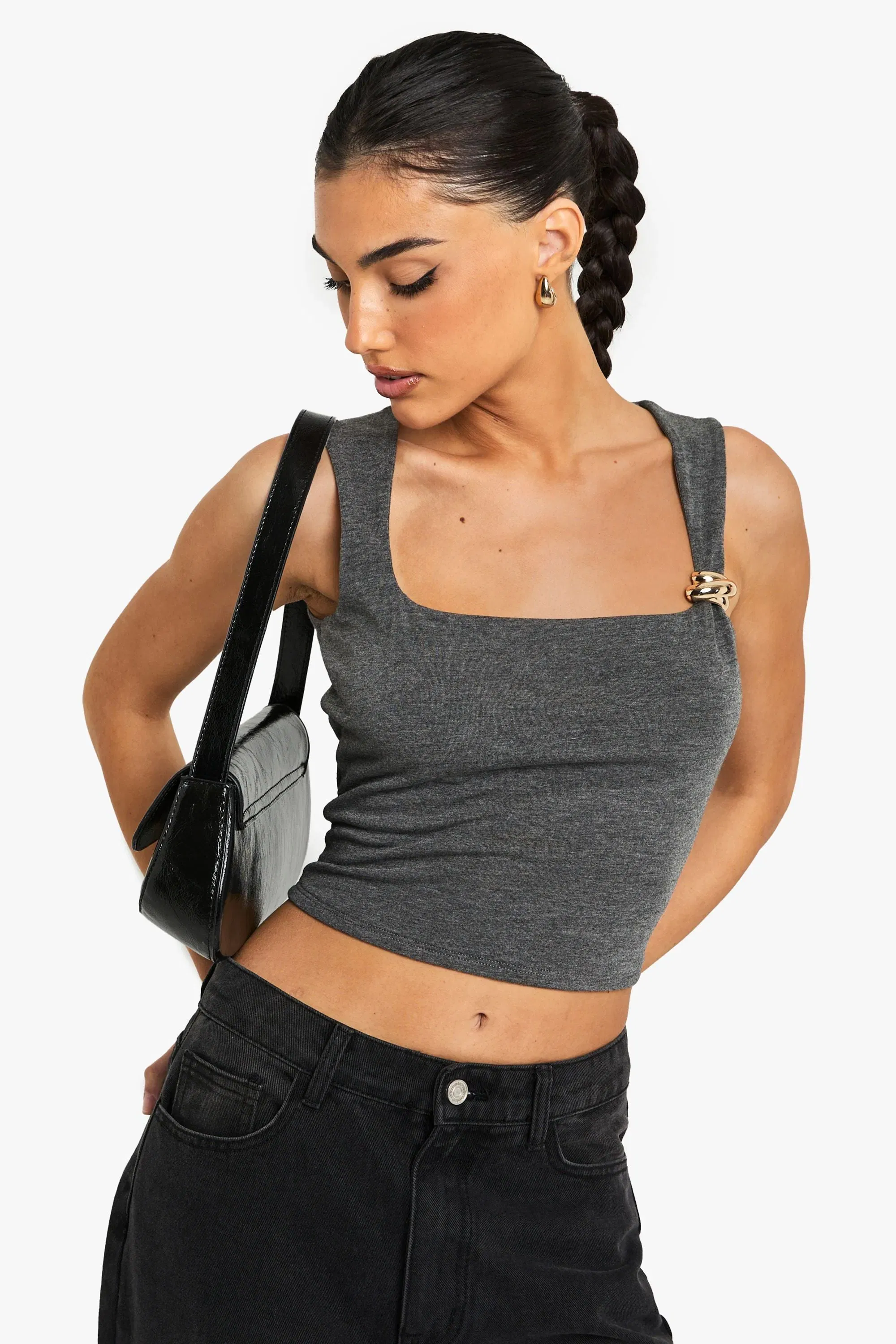 Marl Square Neck Trim Detail Top