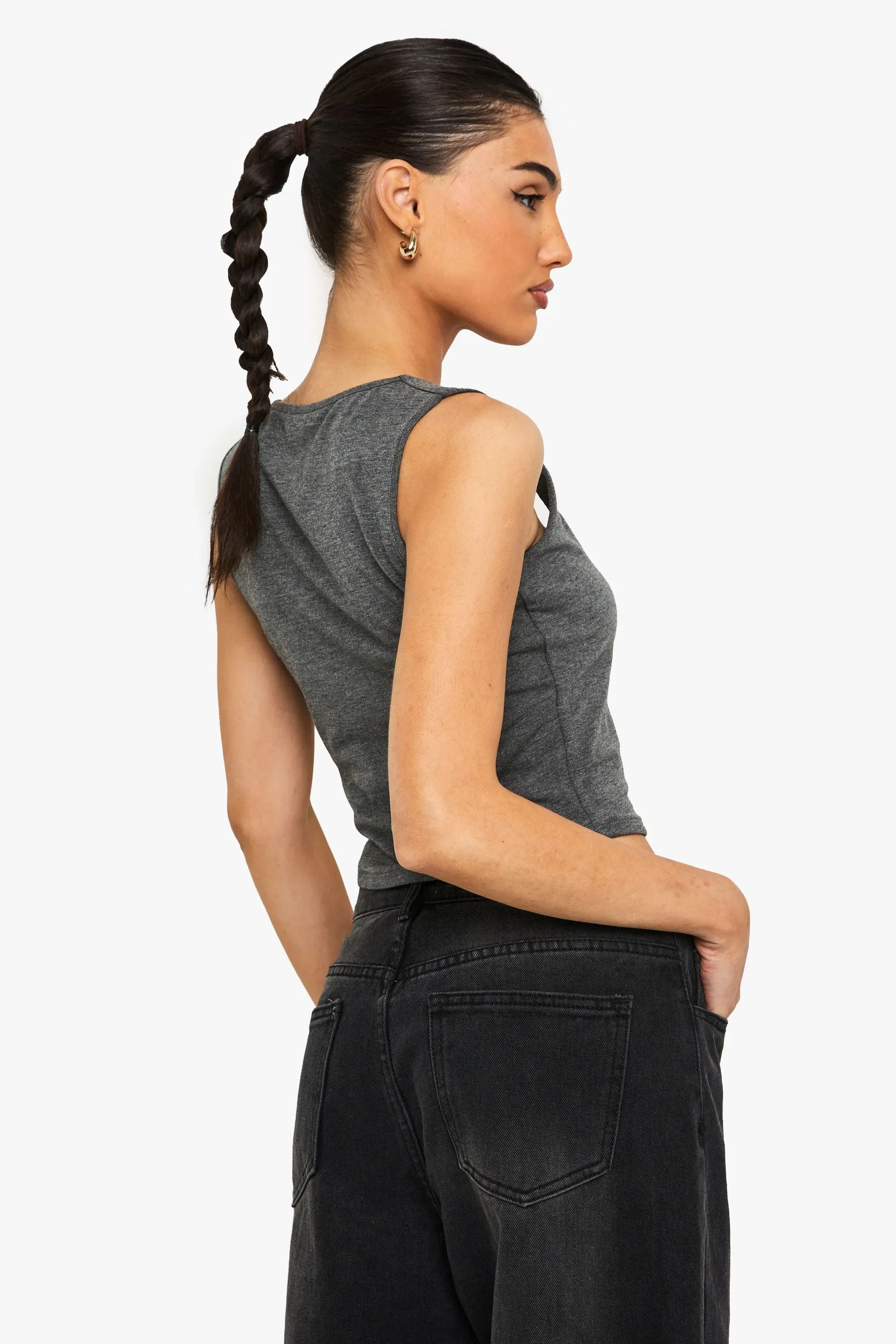 Marl Square Neck Trim Detail Top