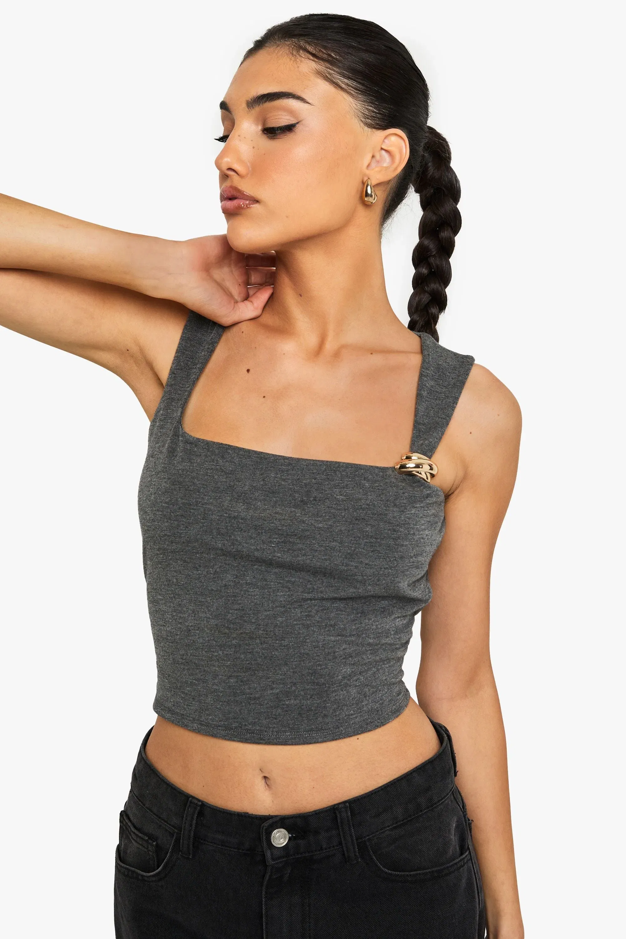 Marl Square Neck Trim Detail Top