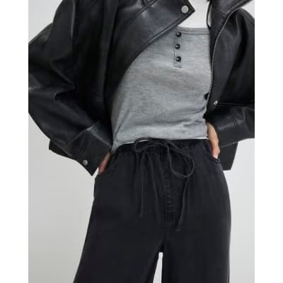 Black Wide Leg Pyjama Style Drawstring Jeans