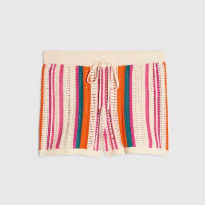 Petite Cream Striped Crochet Shorts