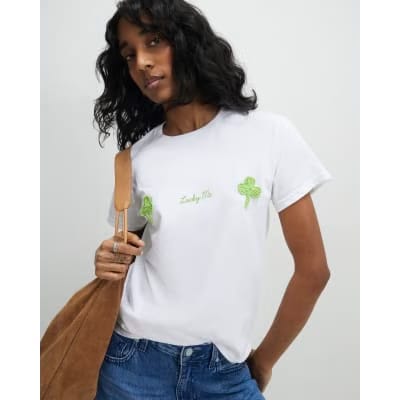 White Crochet Clover Lucky Me T-Shirt