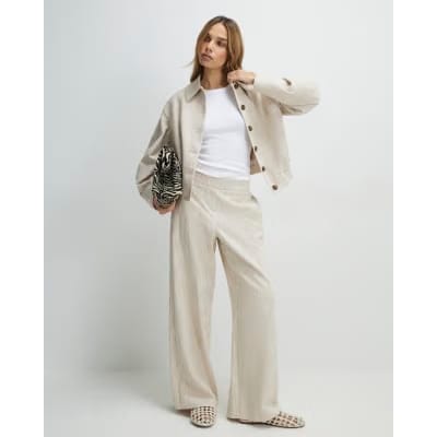 Beige Linen Look Wide Leg Trousers