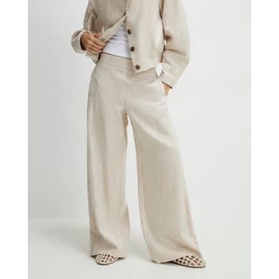 Beige Linen Look Wide Leg Trousers