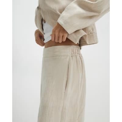 Beige Linen Look Wide Leg Trousers