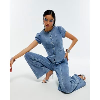 Blue Washed Bling Button Denim Top