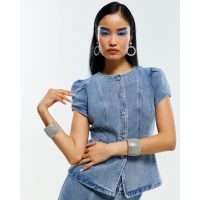 Blue Washed Bling Button Denim Top