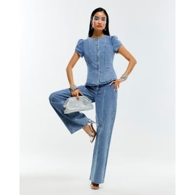 Blue Washed Bling Button Denim Top