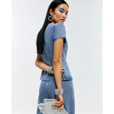 Blue Washed Bling Button Denim Top