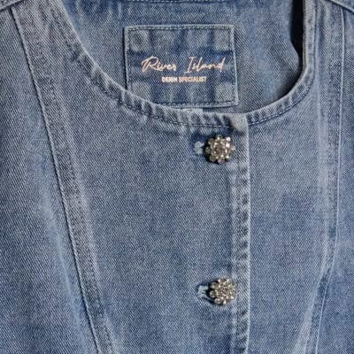 Blue Washed Bling Button Denim Top