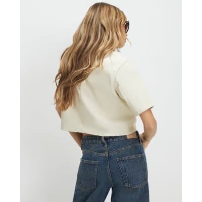 Cream Faux Leather Short Sleeve Shirt