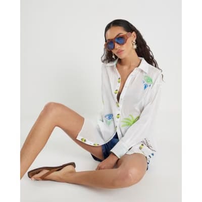 White Palm Tree Embroidered Shirt