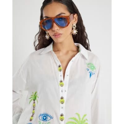 White Palm Tree Embroidered Shirt