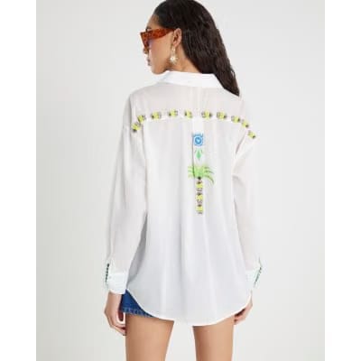 White Palm Tree Embroidered Shirt