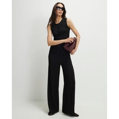 Black Textured Wide Leg Trousers