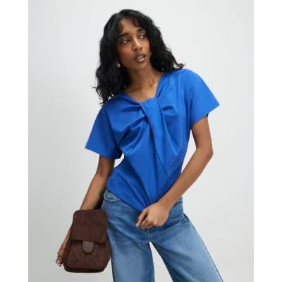 Blue Short Sleeve Twist Front Top