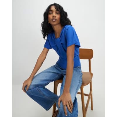 Blue Short Sleeve Twist Front Top