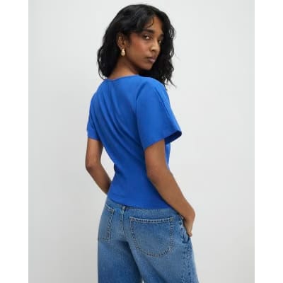 Blue Short Sleeve Twist Front Top