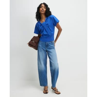 Blue Short Sleeve Twist Front Top