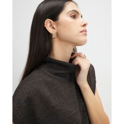 Brown High Neck Glitter Top