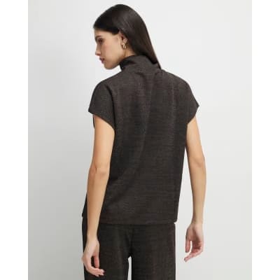 Brown High Neck Glitter Top