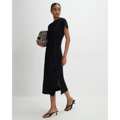 Black Premium Short Sleeve Knot Midi Dress