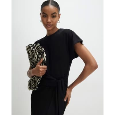Black Premium Short Sleeve Knot Midi Dress