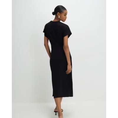 Black Premium Short Sleeve Knot Midi Dress