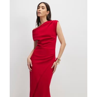Red Stretch Draped Midi Dress