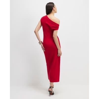 Red Stretch Draped Midi Dress
