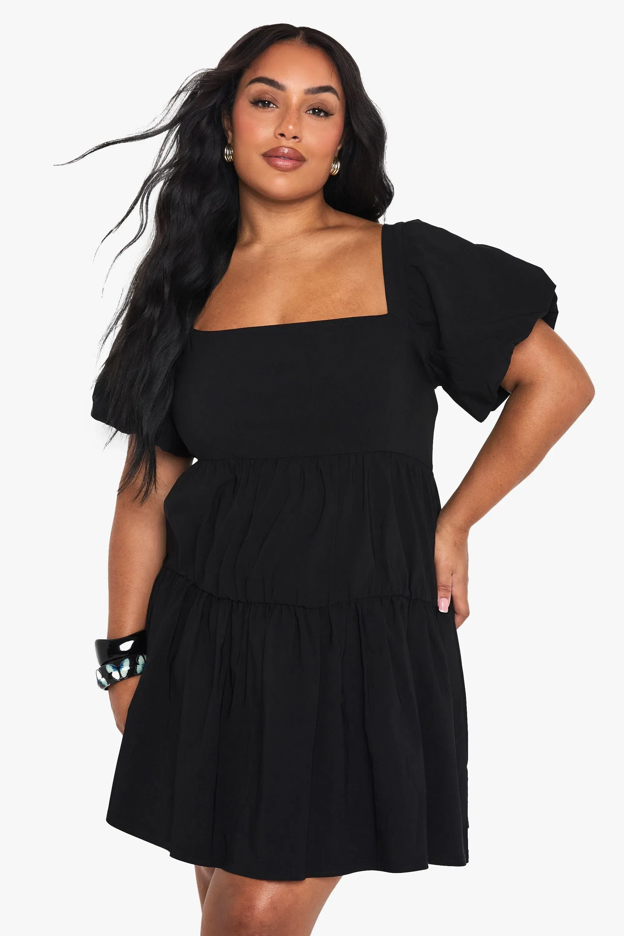 Plus Extreme Puff Sleeve Tiered Smock Dress