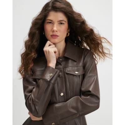Brown Faux Leather Skater Mini Dress