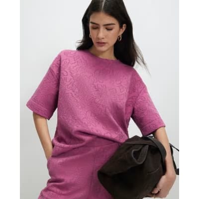 Petite Pink Jacquard Boxy T-Shirt