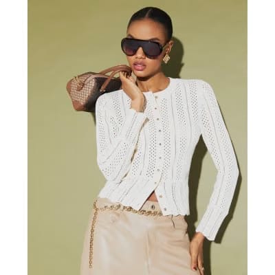 Cream Open Knit Long Sleeve Cardigan