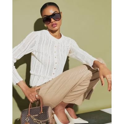 Cream Open Knit Long Sleeve Cardigan