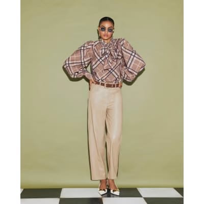 Brown Check Print Pussybow Blouse