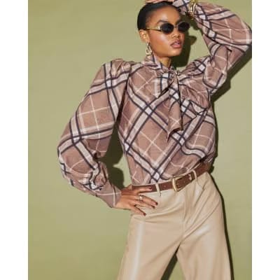 Brown Check Print Pussybow Blouse