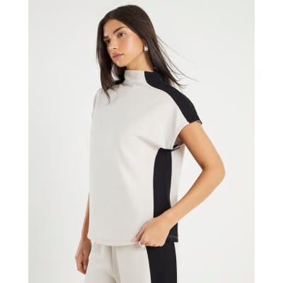 Cream Short Sleeve Colour Block High Neck Top