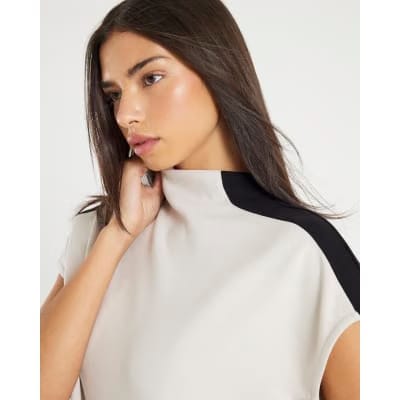Cream Short Sleeve Colour Block High Neck Top