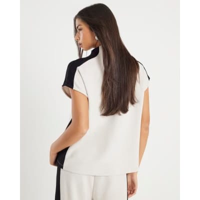 Cream Short Sleeve Colour Block High Neck Top